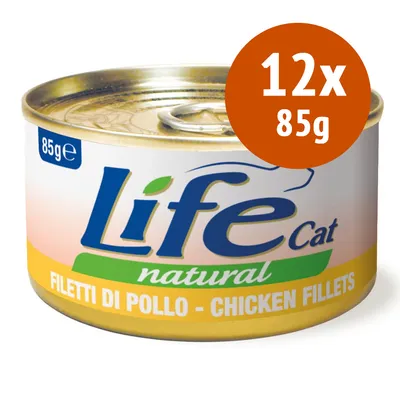 Life Cat natural, filetto di pollo – chicken fillets, lot de 12 boîtes de 85 g chacune. Texte visible en italien et anglais sur l’emballage.