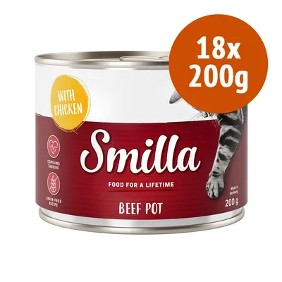 Smilla Beef Pot con pollo, contiene taurina, ricetta senza cereali, 18x200g, barattolo da 200 g. Testo visibile: Food for a lifetime, Made in Germany.
