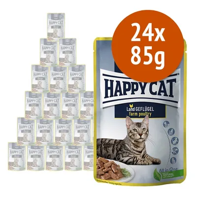 Confezione da 24 buste di alimento per gatti Happy Cat Land Geflügel farm poultry, 85 g ciascuna. Immagine della confezione con gatto e pezzi di carne visibili.