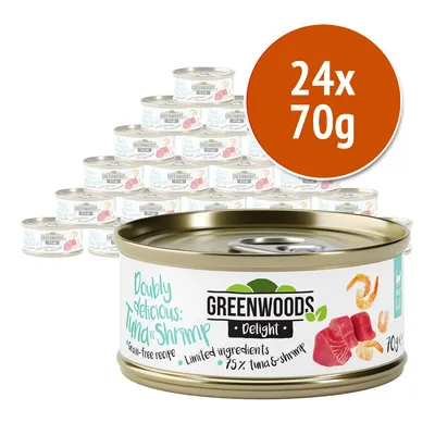 24 lattine da 70 g di Greenwoods Delight Doubly Delicious: Tuna & Shrimp, ricetta senza cereali, 75% tonno e gamberetti, ingredienti limitati. Testo in inglese sull'etichetta.