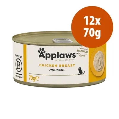 Applaws Natural Cat Food Chicken Breast mousse, 70 g, confezione da 12x70g. Certificato B Corporation. Testo: Made with natural ingredients.