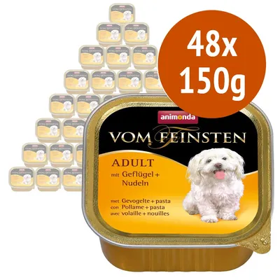 Animonda Vom Feinsten Adult con pollame e pasta, confezione da 48 vaschette da 150 g ciascuna. Testo visibile: 'mit Geflügel + Nudeln', 'con Pollame + pasta'. Immagine di un cane bianco.