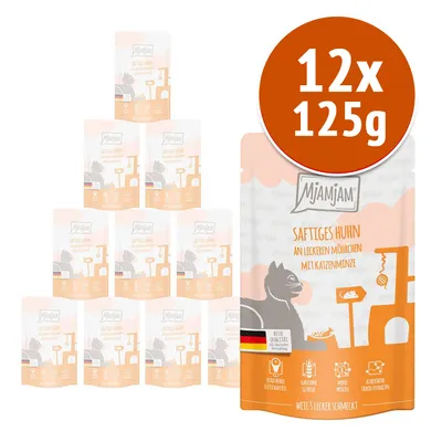 Miamjam Saftiges Huhn an leckeren Möhrchen mit Katzenminze, confezione da 12 buste da 125 g ciascuna, alimento per gatti. Testo visibile: Beste Qualität, hergestellt in Deutschland.