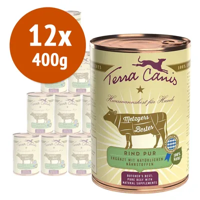 12 lattine da 400 g di Terra Canis Rind Pur, alimento per cani. Testo visibile: 'Metzgers Bestes', '100% Natur', 'Butcher’s Best: Pure Beef with Natural Supplements'.