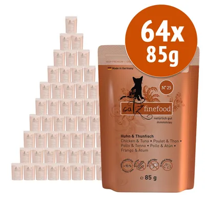 catz finefood N°25 Huhn & Thunfisch, confezione da 64 buste da 85 g ciascuna. Testo visibile: Made in Germany, naturalmente buono, senza zuccheri aggiunti, testato sugli animali. catz finefood N°25 Huhn & Thunfisch, confezione da 64 buste da 85 g ciascuna. Testo visibile: Made in Germany, naturalmente buono, senza zuccheri aggiunti, testato sugli animali.