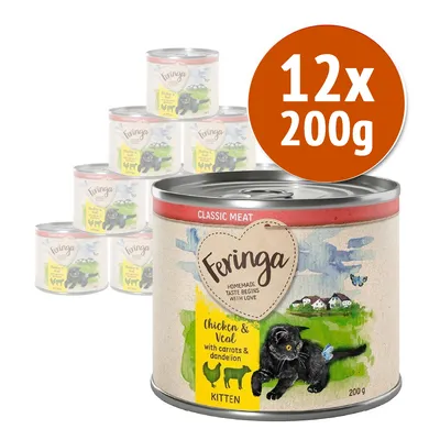 Feringa Classic Meat Kitten, 12x200g. Lattina con etichetta: Chicken & Veal with carrots & dandelion, immagine di un gattino nero su prato. Testo visibile in inglese.