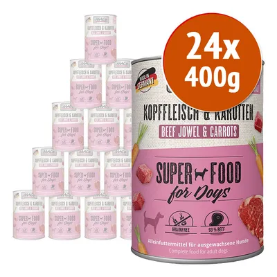24x400g MAC's KopfFleisch & Karotten Beef Jowel & Carrots, Super Food for Dogs, 93% beef, grainfree, alimento completo per cani adulti. Testo in inglese e tedesco sull'etichetta.