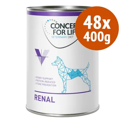Concept for Life Veterinary Diet Renal, confezione 48x400g. Testo visibile: Kidney support, Protein-reduced, Stone prevention. Immagine stilizzata di cane blu e viola.