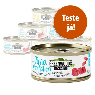 Várias latas de comida Greenwoods Delight, incluindo Tuna Temptation e Charming Chicken. Texto visível: 'Teste já!'. Rótulo indica 75 % filete de atum, receita sem cereais, 70 g.