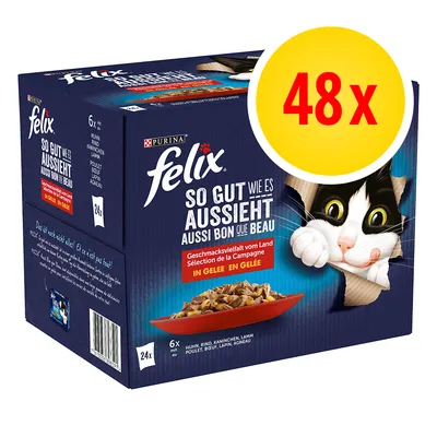 Balení Felix So gut wie es aussieht, 48× kapsiček. Viditelný text: Purina felix, Geschmacksvielfalt vom Land, in Gelee en gelée, hovězí, kuře, králík, jehněčí.