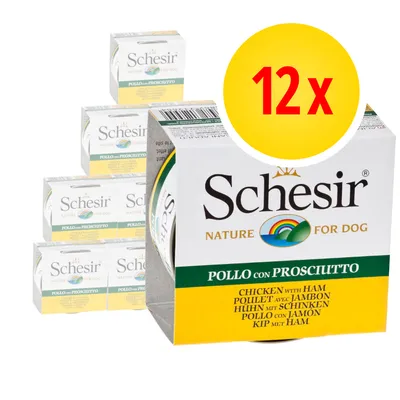 Schesir Nature for Dog, 12x balení, POLLO CON PROSCIUTTO, CHICKEN WITH HAM, více jazyků na obalu viditelných. Zobrazeno několik krabiček produktu.