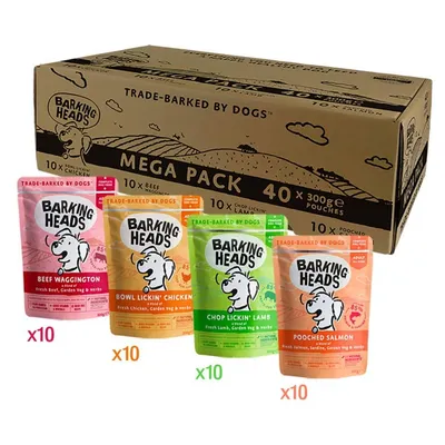 Barking Heads Mega Pack with 40 pouches: 10 Beef Waggington, 10 Bowl Lickin’ Chicken, 10 Chop Lickin’ Lamb, and 10 Pooched Salmon, each pouch 300g.