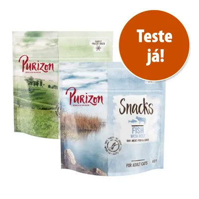 Purizon Snacks Fish with Beef, 100% meat, fish & liver, for adult cats, embalagem de 40 g. Texto visível: 'Teste já!'.