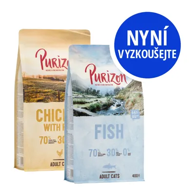 Purizon FISH 400 g a CHICKEN WITH FISH pro dospělé kočky, nápis NYNÍ VYZKOUŠEJTE, viditelné složení: 70 % ryba/maso, 30 % ovoce/zelenina, 0 % obilovin.