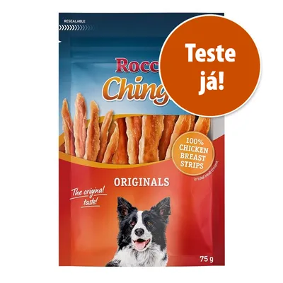 Rocco Chings Originals, 100% Chicken Breast Strips, embalagem de 75 g. Texto visível: 'Teste já!', 'The original taste!'. Imagem de um cão na parte inferior da embalagem. Rocco Chings Originals, 100% Chicken Breast Strips, embalagem de 75 g. Texto visível: 'Teste já!', 'The original taste!'. Imagem de um cão na parte inferior da embalagem.