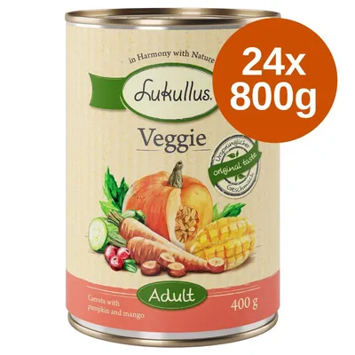 Lukullus Veggie Adult, marchew z dynią i mango, puszka 400 g. Zestaw 24×800 g. Widoczne napisy: original taste, in Harmony with Nature.