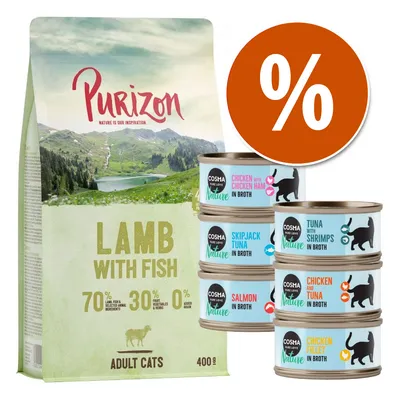 Purizon Lamb with Fish 400 g pro dospělé kočky, Cosma Nature konzervy: Chicken with Chicken Ham, Skipjack Tuna, Salmon, Tuna with Shrimps, Chicken and Tuna, Chicken Fillet, oranžové procento.