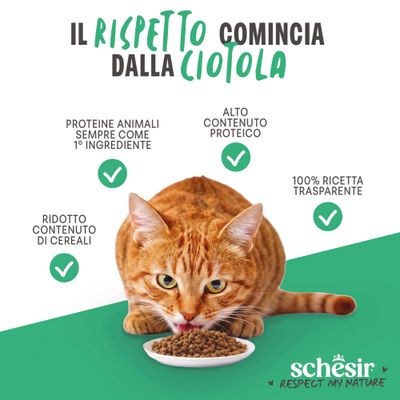 Schesir. Proteine animali sempre come primo ingrediente, alto contenuto di proteine, basso contenuto di cereali, ricetta 100% trasparente.