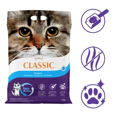 Intersand Classic kattegrus, uparfumeret, Triple Action: lugtkontrol, stærk klumpedannelse, støvfri. Emballage med kattemotiv, 14 kg.