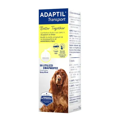 Confezione ADAPTIL Transport spray 60 ml, 50 utilizzi. Testo visibile: Better Together, Conforta e aiuta il tuo cane in situazioni di stress, consigliato dal veterinario, clinicamente testato.