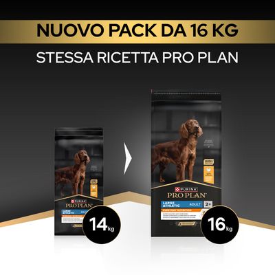 Purina Pro Plan Large Athletic Adult ora nel nuovo formato da 16 kg, precedentemente 14 kg. Stessa ricetta di prima.