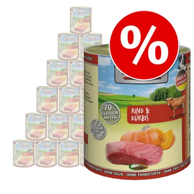 MAC's Rind & Kürbis koiran märkäruoka, 70 % Fleischanteil, Getreidefrei, Made in Germany. Useita purkkeja ja punainen prosenttimerkki tarjouksesta.