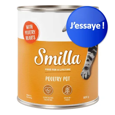 Smilla Poultry Pot, 800 g, avec cœurs de volaille, contient taurine, sans céréales. Texte anglais : Food for a lifetime, contains taurine, grain-free. Pastille bleue : J’essaie !