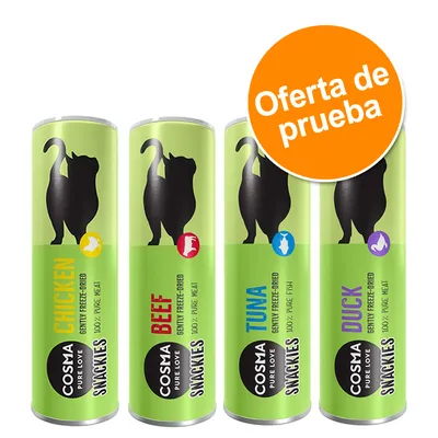 Cuatro tubos de Cosma Snackies para gatos: CHICKEN, BEEF, TUNA y DUCK. Texto visible: 'Oferta de prueba'. Etiquetas de colores e iconos de animales en cada envase.
