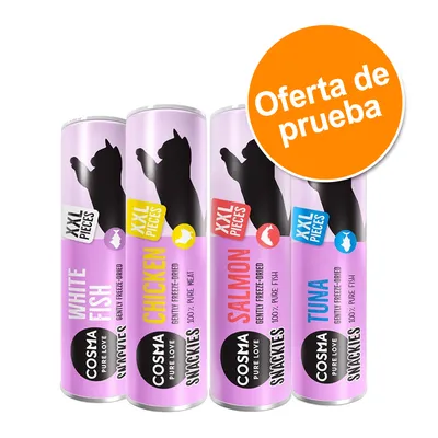 Cosma Snackies XXL para gatos, sabores White Fish, Chicken, Salmon y Tuna. Oferta de prueba visible en círculo naranja.