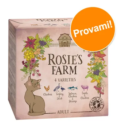 Rosie's Farm 4 Varieties Adult, ricetta senza cereali. Gusti visibili: Chicken, Turkey & Duck, Salmon Chicken & Shrimp, Lamb & Chicken. Bollino arancione con testo: Provami!