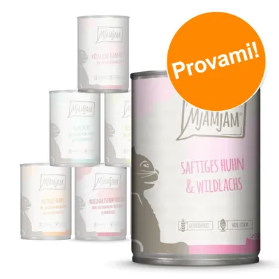 Barattoli MjAMjAM, in evidenza Saftiges Huhn & Wildlachs. Etichetta arancione con testo: Provami! Testo visibile su barattoli principalmente in tedesco. Barattoli MjAMjAM, in evidenza Saftiges Huhn & Wildlachs. Etichetta arancione con testo: Provami! Testo visibile su barattoli principalmente in tedesco.