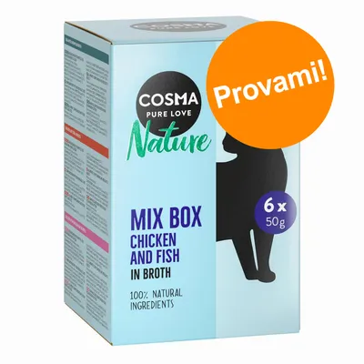 Cosma Pure Love Nature Mix Box Chicken and Fish in Broth, 6 x 50 g, 100% natural ingredients. Testo sull'immagine: Provami!