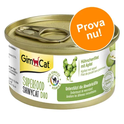 GimCat Superfood ShinyCat Duo, burk med text: Hähnchenfilet mit Apfel, Health Complex Vitamin C, gluten-free, Premium Quality, Prova nu!
