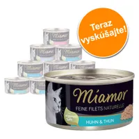 Konzervy Miamor Feine Filets Naturelle pre mačky, viditeľné príchute Huhn & Thun, Thun & Shrimps, Teraz vyskúšajte! na oranžovom kruhu.