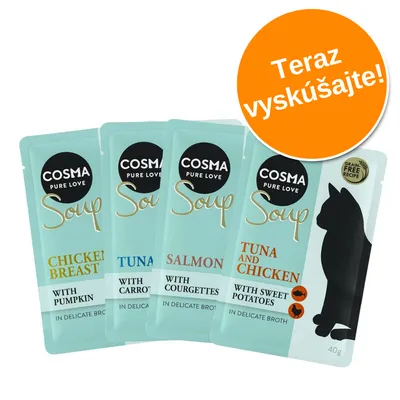 COSMA Pure Love Soup – balenie kapsičiek pre mačky: Chicken Breast with Pumpkin, Tuna with Carrots, Salmon with Courgettes, Tuna and Chicken with Sweet Potatoes. Teraz vyskúšajte!