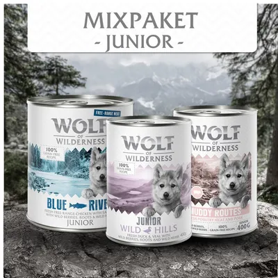 Wolf of Wilderness Mixpaket Junior: Blue River, Wild Hills und Muddy Routes. 100% getreidefreie Rezepturen mit frischem Fleisch, Beeren, Wurzeln und Kräutern, 400g Dosen.