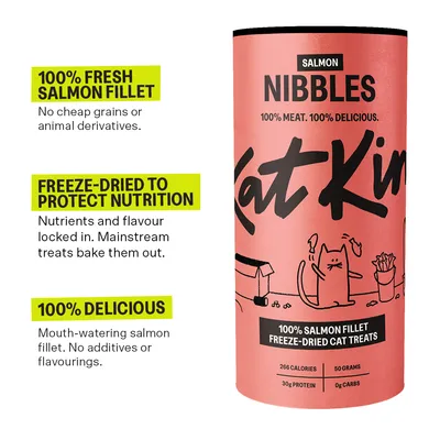 100% fresh salmon fillet, freeze-dried to protect nutrition, no grains or animal derivatives, no additives or flavourings. 100% salmon fillet freeze-dried cat treats, 50g, 266 calories.