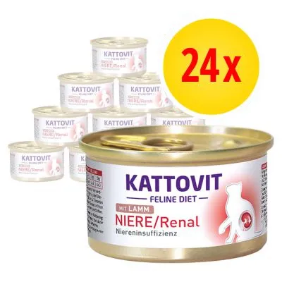 Kattovit Feline Diet NIERE/Renal mit Lamm, 24x burkar. Text på burk: Niereninsuffizienz. Metallburkar med synlig etikett och gul cirkel med röd text '24x'.