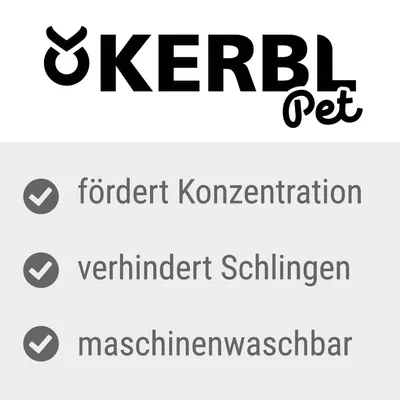 KERBL Pet. Texte en allemand : fördert Konzentration, verhindert Schlingen, maschinenwaschbar.