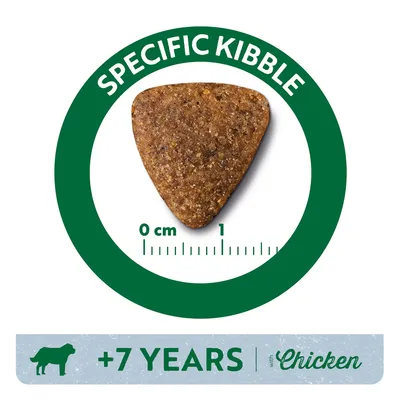 Triangle-shaped kibble with text: SPECIFIC KIBBLE. Size scale 0–1 cm shown. Banner below reads: +7 YEARS with Chicken, dog silhouette visible.