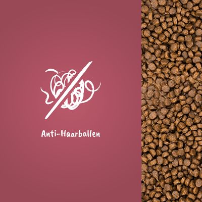 Anti-Haarballen. Symbol für reduzierte Haarballenbildung neben Nahaufnahme von braunen Kroketten.