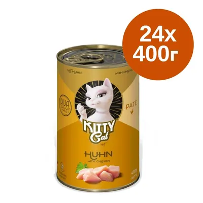 Kitty Cat пате с пиле, 24×400 г. Видими надписи: DIVA EFFECT, Huhn with chicken, 400 г netti. Илюстрация на бяла котка върху опаковката.