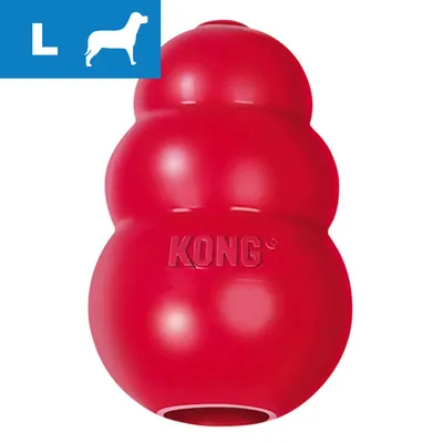 Rød KONG hundelegetøj, størrelse L, med præget tekst 'KONG' på midten. Blå felt øverst til venstre med hvidt L og silhuet af en hund.