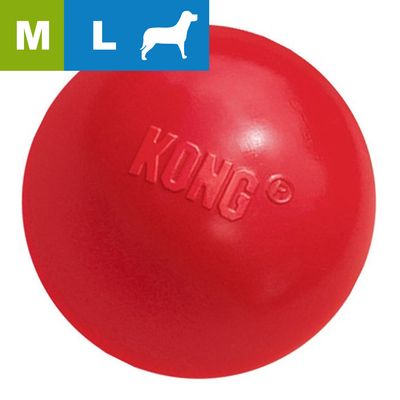 Palla rossa KONG per cani, taglia M/L indicata in alto a sinistra con simbolo cane. Materiale gomma visibile.