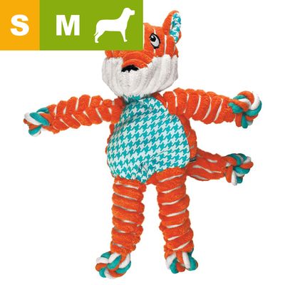Giocattolo per cani a forma di volpe in tessuto e corda, taglie S e M indicate da icona con cane e lettere S M in alto a sinistra.