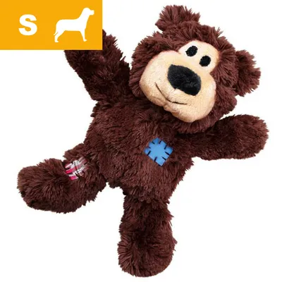 Brown plush bear toy with stitched patches, shown in small size for pets as indicated by the 'S' and animal silhouette icon in the corner.