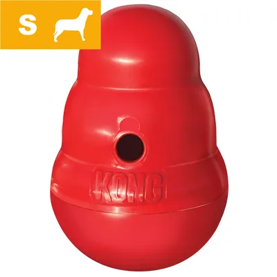 KONG rød plastik hundelegetøj med hul, størrelse S vist i gul felt med hvid hundesilhuet og bogstavet S. Synlig tekst: KONG.