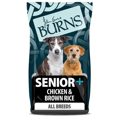 Burns Senior+ Chicken & Brown Rice for all breeds, product packaging showing key information for senior pets