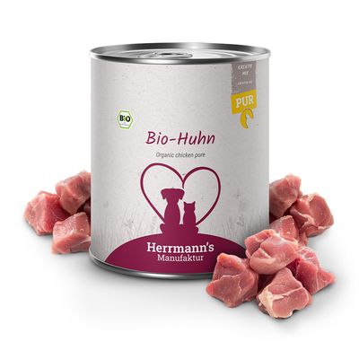 Herrmann's Manufaktur Bio-Huhn, Kreativ Mix für Hunde und Katzen. Zertifiziertes Bio-Produkt mit Herzmotiv und Silhouetten von Hund und Katze.