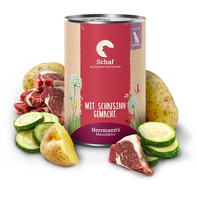 Herrmann's Manufaktur cordero con calabacín y patata, pionero ecológico desde 2006, paquete: 24x400g. Schön Schaf.